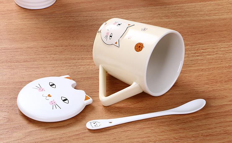 卡通小猫三角手柄水杯牛奶杯马克杯陶瓷杯带盖带勺